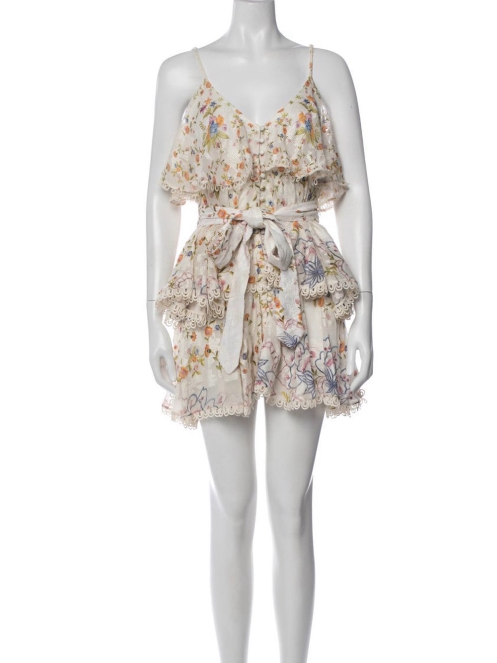 HEMANT & NANDITA Cream Floral Tiered Mini Dress